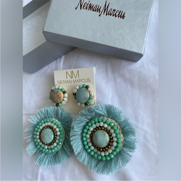 Neiman Marcus Statement Fran Drop Fringe Round Stone Bead Green Teal blue NWT - Picture 14 of 15